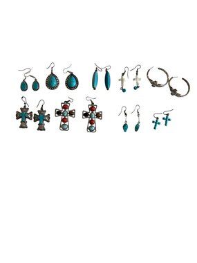 Vintage Earrings Lot 9 Pairs Southwestern Style Cross Turquoise Mixed Metal Dang